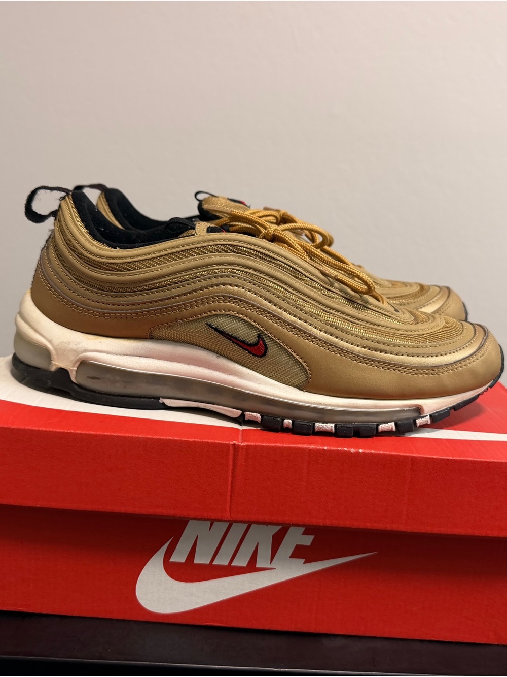 Nike Men's Air Max 97 Gold with Black and Red Swoosh